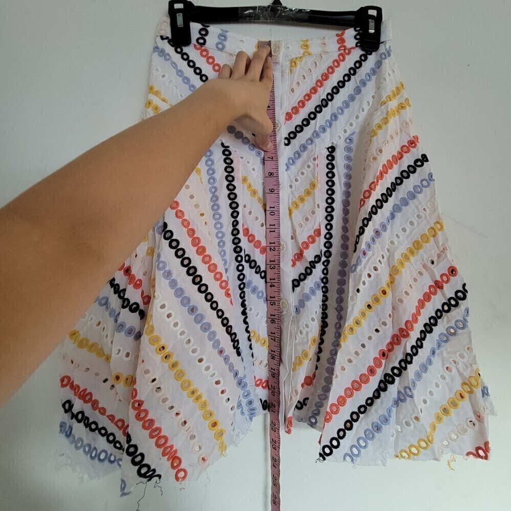 Eva Franco Colorful Eyelet Embroidered Striped Raw Frayed Hem Mini Skirt Size 4 - Picture 8 of 11